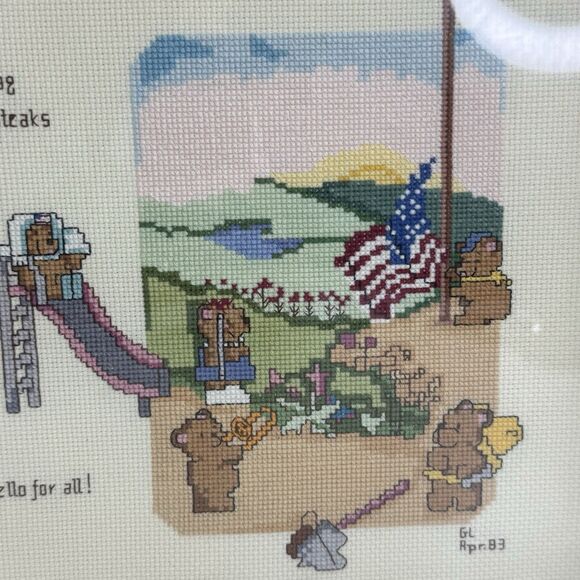 Vtg Cross Stitch Framed Needlework “Pledge Of Allegiance” Childs Whimsical 80s - Picture 3 of 7